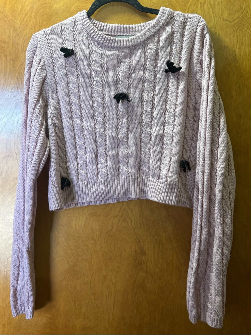 Love Tree Light Pink Cable Knit Cropped Sweater with Black Bow Accents